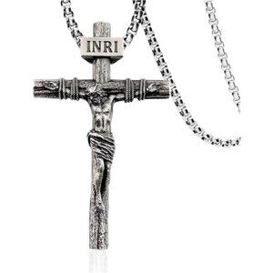 Crucifix Cross Necklace for Men with 18K White Gold Plated Exquisite Jesus Trend